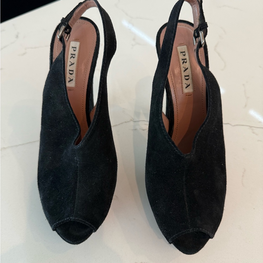 Prada Black Suede Peep Toe Platform Slingback Pump - size 38 - Picture 2 of 4